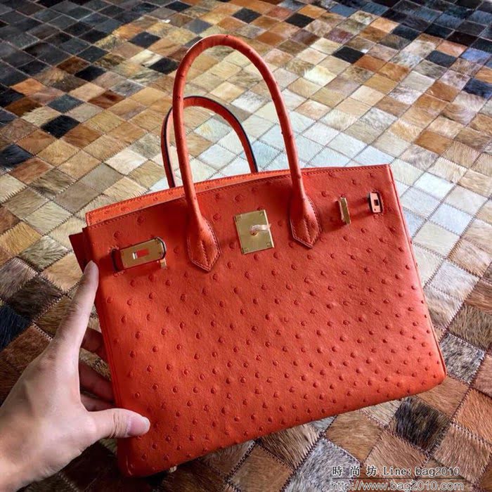 HERMES愛馬仕 鉑金包 Birkin 30 南非原產KK級鴕鳥皮 頂級工藝 血橙 手縫蠟線 手提包  Ama1237